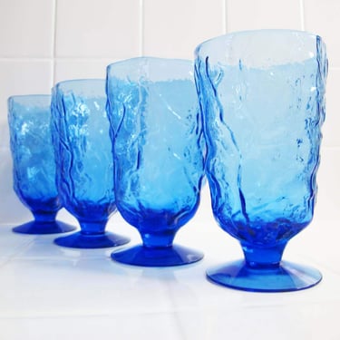 Vintage 80s Blue Glass Footed Tumblers Set 4 - 1980s Tall Crinkle Wavy Goblets - Housewarming Gift For Friend 