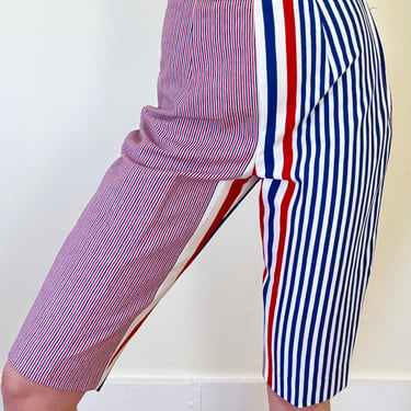 50’s Red White Blue Striped Print Clash Peddle Pusher Bermuda Shorts