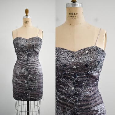 1990s Glittery Rhinestone Mini Cocktail Dress 