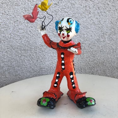 Vintage paper mache colorful Clown with 2 birds on wires Made in Mexico 7” x 4.5” 