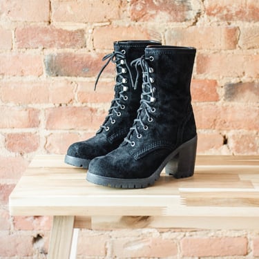 black leather combat boots | 90s vintage black suede lace up chunky platform boots US size 6 