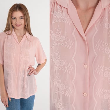 Floral Embroidered Blouse 80s Semi-Sheer Pink Top Puff Sleeve Button up Shirt Collared Pastel Feminine Romantic Darling Vintage 1980s Large 