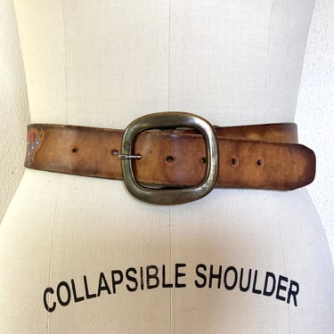 Vintage tooled brown leather belt 