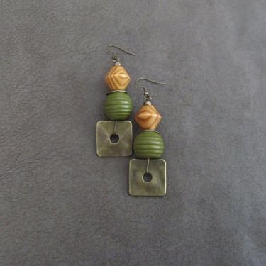 Hammered bronze earrings, geometric earrings, unique mid century modern earrings, ethnic earrings, bohemian earrings, statement army green 