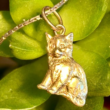 14k Gold Cat Charm Pendant Solid Yellow Gold Vintage Retro Kitten Kitty Cute Gift 
