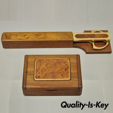Vintage Burl Wood Italian Brass Desk Set Small Box Scissors and Letter Opener