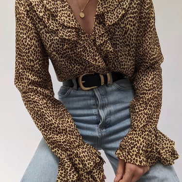 Vintage Cheetah Print Silk Ruffled Blouse