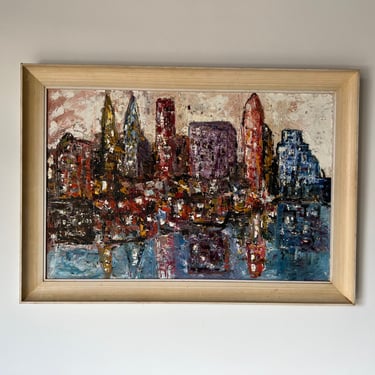 1970s Marcel Alman "The City " Abstract Expressionist Style Cityscape Oil Painting, Framed 