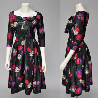 1950s dark floral silk fit and flare dress XS/S 
