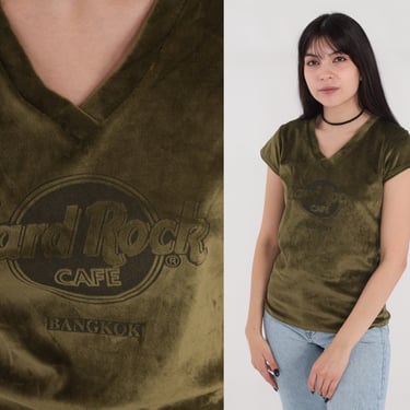 Hard Rock Cafe Shirt Y2k Green Velour Top V Neck T-Shirt Logo Graphic Tee Retro Cap Sleeve Velvet Tshirt Tourist Travel Vintage 00s Medium M 