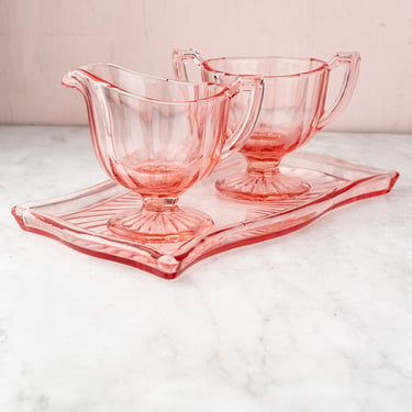 Vintage Pink Depression Glass Creamer and Sugar Bowl with Tray