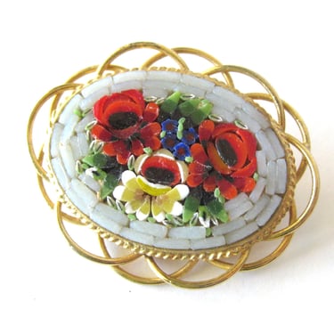 VIntage Italian Micro Mosaic Brooch in a Decorative Brass Setting, Floral Jewelry, Red Roses and White Roses, Sweetheart Gift, Cottagecore 