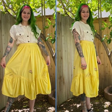 Vintage 1970’s Yellow Skirt with Floral Embroidery 