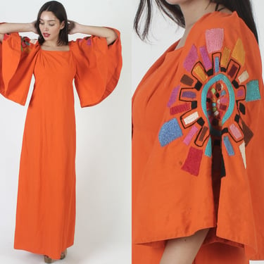 Vintage Yolanda Brand Designer Mexican Dress, Colorful Floral Embroidery, Bell Fan Sleeve Kaftan Maxi Gown Sz 12 