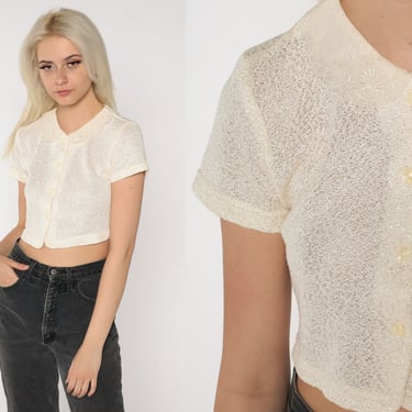 90s Cropped Blouse Semi Sheer Cream Crop Top Lace Embroidered Peter Pan Collar Button Up Shirt Short Sleeve Retro Vintage 1990s Small 