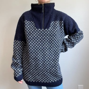 Icewear Mens Navy Blue High Neck 100% Icelandic Wool Quarter Zip Sweater Sz L 