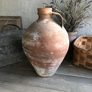 19th C Pottery Jug, Rustic Pitcher, Olive Jug, 16 Inch, Terracotta, Rustic European Farmhouse, Farm Table, Art Pottery 