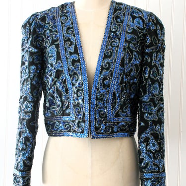 1980-90s - Beaded - Cropped - Cocktail Jacket - Bolero by Black Tie - Medium - Marked size 8 - Electric Blue on Black 