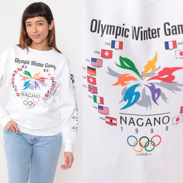 Nagano Winter Sports Sweatshirt 1998 Graphic Japan Games Sweater 90s Sporty Shirt Vintage Retro 1990s Crewneck White Extra Small xs 