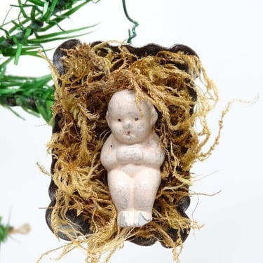Vintage Small Handmade Nativity Christmas Tree Ornament, Baby Jesus in Manger 