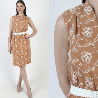 Mid Century Dress, Knee Length Skirt, Vintage 50s Wiggle, White Floral Embroidery 