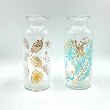 Mid-Century Glass Apothecary Bottles, MCM Vases, White Gold Leaves, Blue Turquoise Feathers, MCM Display Jar Glassware, Home Bathroom Decor 