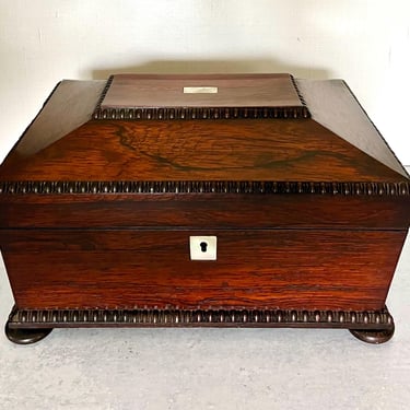 Antique English Rosewood Sarcophagus Sewing Jewelry Valet Box 