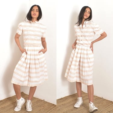 Vintage 1980s Dress / 80s Albert Nipon Striped Cotton Ruffle Dress / White Pink ( S M ) 