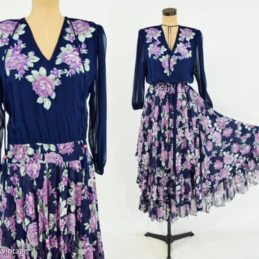 Diane Freis | 1980s Blue Wool Print Dress | 80s Blue Wool Blend Fabric Dress | Diane Freis | Large 