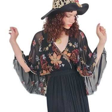 Vintage 1970s Janice Wainwright Maxi Dress Embroidered Butterfly Sleeves w/Capelet 