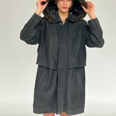 Black Pebbled Leather Hooded Coat (L)