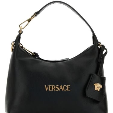 Versace Women Black Leather Hobo Versace Tag Handbag