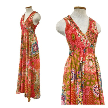 Vintage 1960s Dayglo Era Fluorescent Psychedelic Print Smocked Boho Maxi Dress 