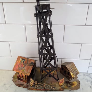 Vintage Metal Music Box Oil Rig Mining Scene Made in Hong Kong Plays 