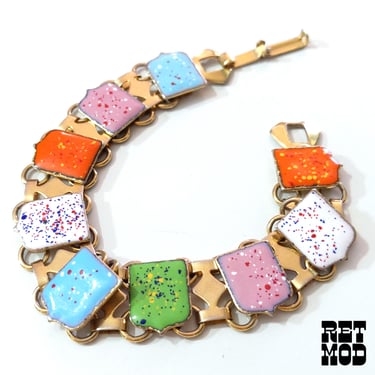 Interesting Vintage 60s 70s Colorful Speckled Shield Link Bracelet 