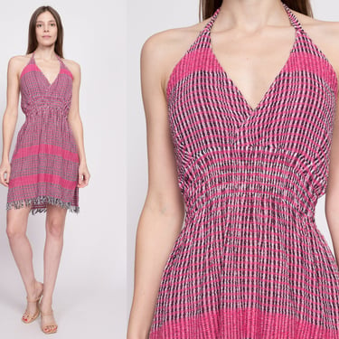 70s Pink Knit Halter Sundress - Medium | Vintage Striped Fringe Trim Boho Mini Dress 