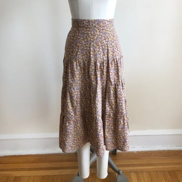 Brown Floral Print Tiered Midi Skirt - 1970s 