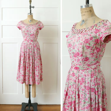 vintage 1950s day dress • shirt sleeve pink & white cotton floral dress with cut-outs 