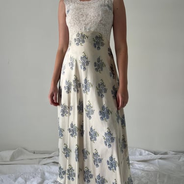 1930's Blue Floral Print Spaghetti Slip with White Lace