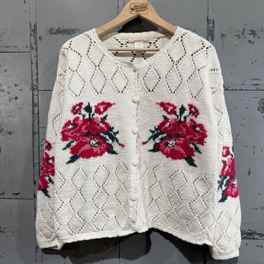 Vintage Cotton Cardigan with floral Design Winter Fashion Cozy diamond design lacy 