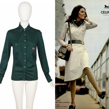 Céline Vintage 1970s Vintage Ad Campaign Green Cotton Jersey Button-Up Shirt Sz S 
