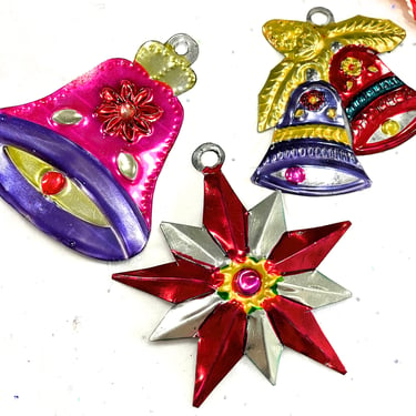 VINTAGE: 3pcs - Mexican Folk Art Tin Ornaments - Handcrafted - Christmas - Holiday - Mexico - Gift Tag - SKU 