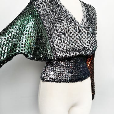 70's Fully Sequin Disco Top Blouse Vintage Silver Rainbow Dolman Sleeves 1970's Hippie Boho Evening Party Top Holiday 