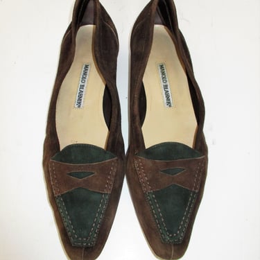 Vintage Manolo Blahnik Loafers, Shoes, 38 1/2 Women, dark brown hunter green suede 