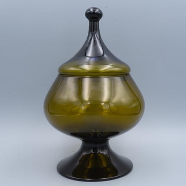 Empoli-style Olive Green Candy Jar | Vintage Bon Bon Pot Mid Century Modern Decor Glassware 