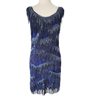 Vintage 2000s Blue Beaded Dress Silk Fringe Flapper Style / Medium 