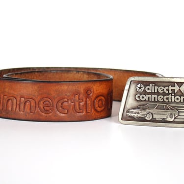 1970s Chrysler Embossed Leather Belt and Metal Buckle - Vintage Direct Connection Collectible Belt - XS - S 
