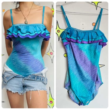 Vintage 70s/80s Ruffle Mermaid Fairy Grunge One-Piece Swimsuit / Bodysuit – S 