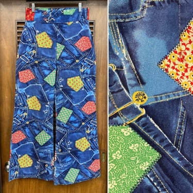 Vintage 1960’s w30 Patchwork Print Pop Art Bellbottom Flare Denim Jeans, Vintage Clothing 