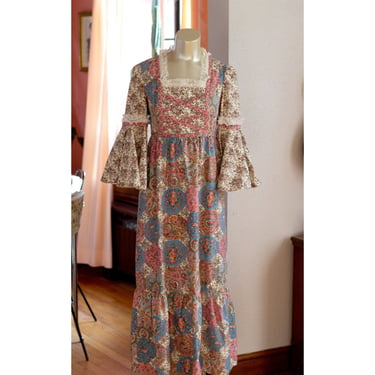 Vintage Boho Dress - 1970s - Renaissance, Floral, Calico - Bell Sleeve - Gunne Sax Style - Holly Hobbie - Prairie, Maxi Dress - Halloween 